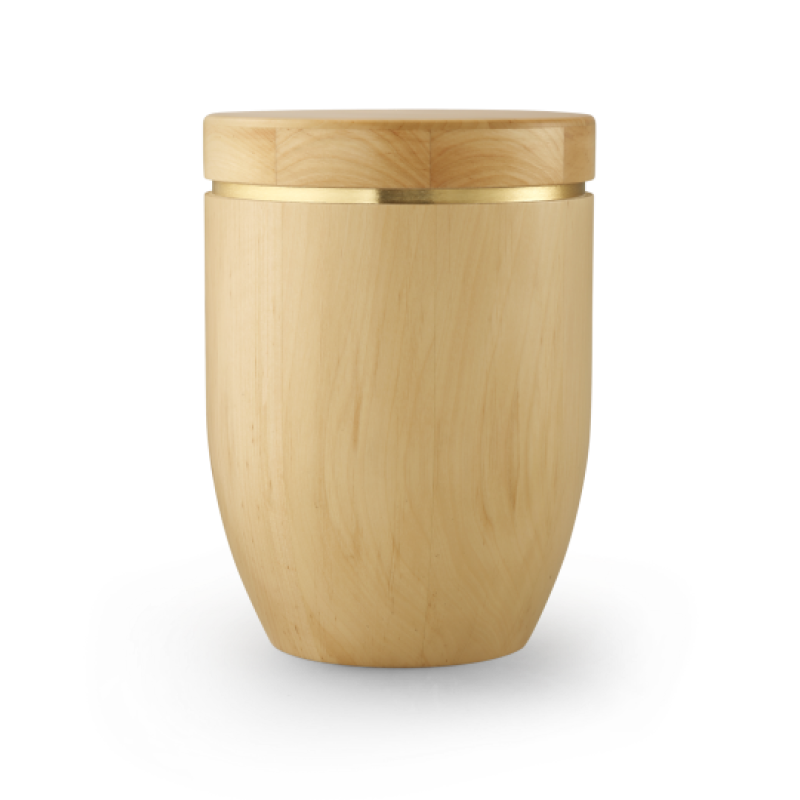 Urne aus Erle in natürlicher Holzfarbe mit gebürstetem Goldstreifen am oberen Rand, in runder Form mit einem passenden Deckel, Gesamtansicht.