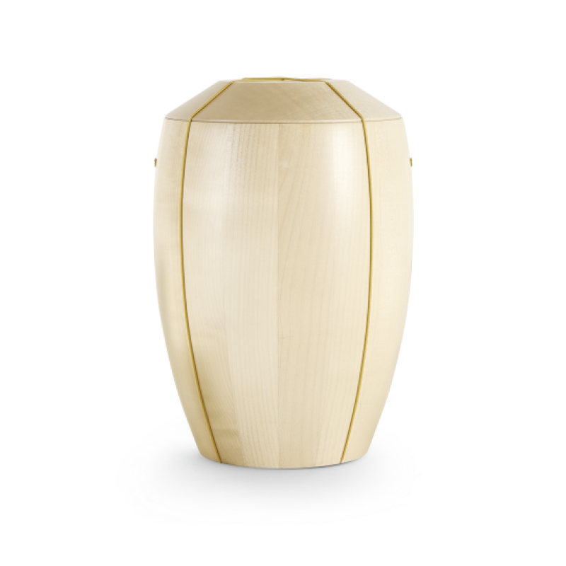Die Urne aus der Edition Walküre ist aus hellem Ahornholz gefertigt, hat eine ovale Form und ist mit goldenen Bändern verziert.