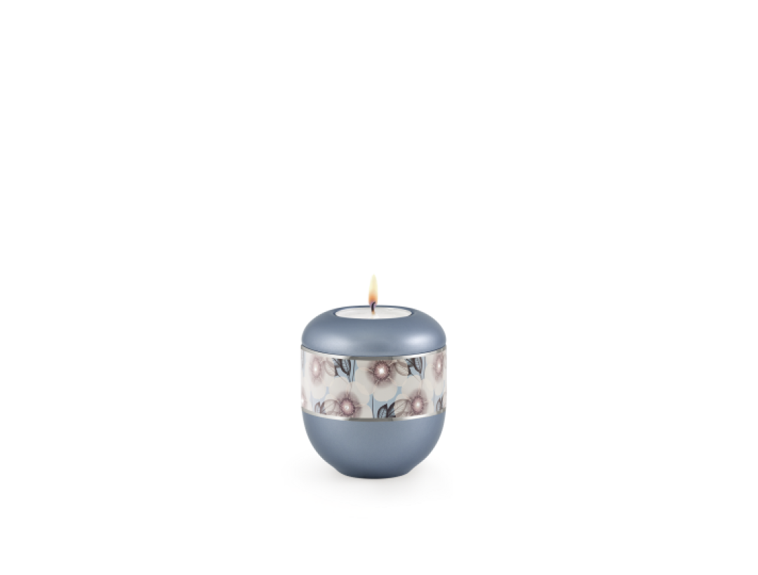 Edition Wave, perlmutt stahlgrau - Gedenklicht, Blumen-Dekor mit feinen Kristallen, Silberstreifen