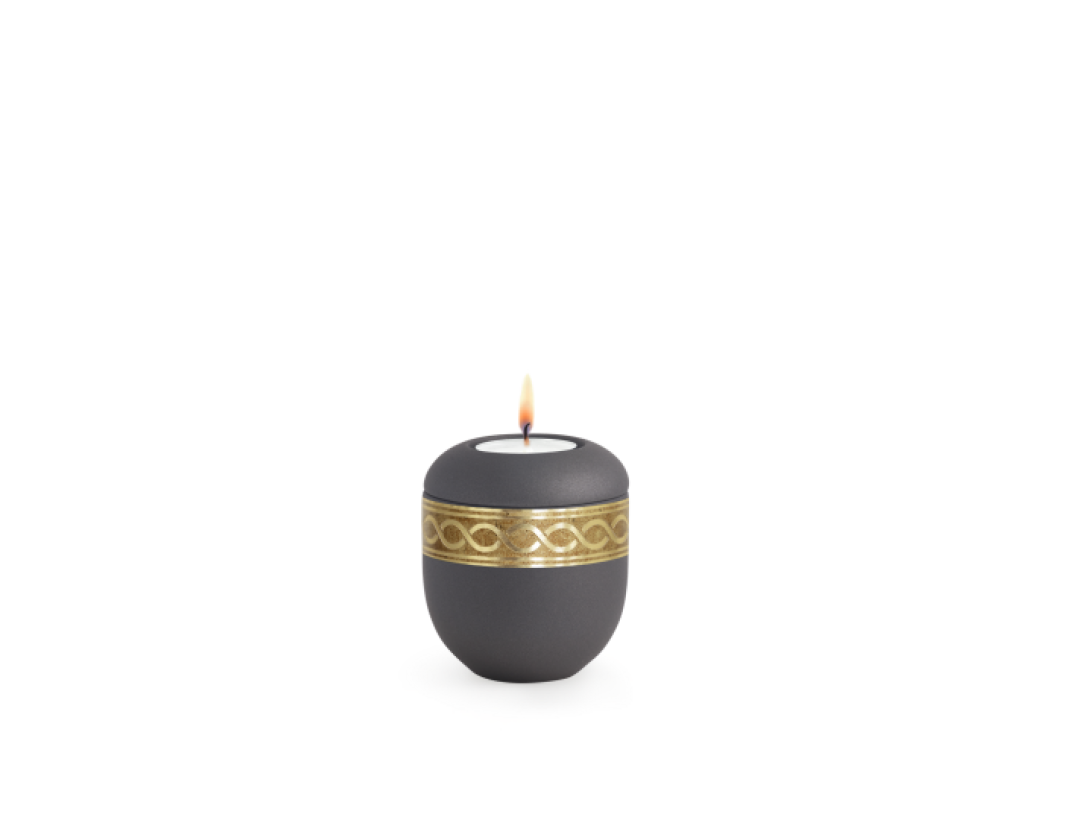 Edition Krypta, Samton Anthrazit, mattgoldenes Unendlichkeitsdekor altgolden eingefasst, Gedenklicht Edition Krypta, Samton Anthrazit, mattgoldenes Unendlichkeitsdekor altgolden eingefasst, Gedenklicht