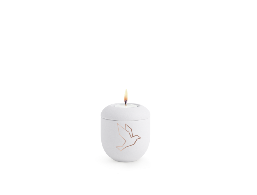 Edition Geometric, Gedenklicht, velvet weiß, kupferfarbenes Motiv Taube Edition Geometric, Gedenklicht, velvet weiß, kupferfarbenes Motiv Taube