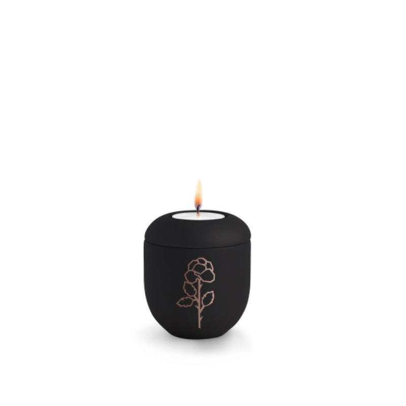 Edition Geometric, Gedenklicht, velvet schwarz, kupferfarbenes Motiv Rose