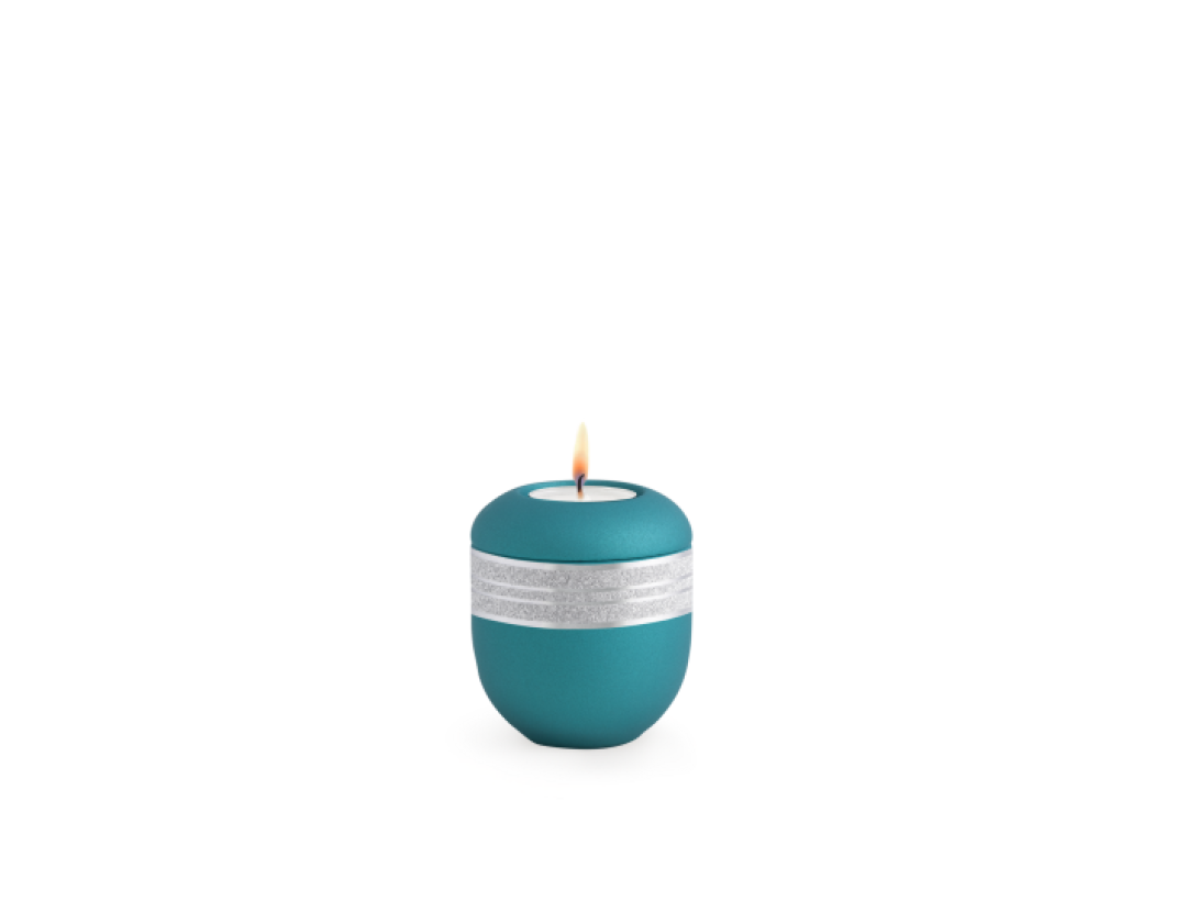 Edition Krypta, Samton Arctic-Türkis, mattsilber eingefasstes glitzerndes Dekor, Gedenklicht