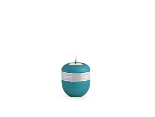 Edition Krypta, Samton Arctic-Türkis, mattsilber eingefasstes glitzerndes Dekor, Gedenklicht