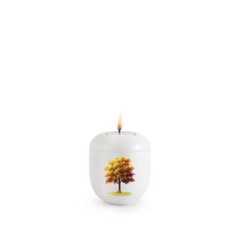 Gedenklicht in Hochglanz weiß mit einem bunten Ahornbaum im Herbst auf der Vorderseite, brennend, runde Form, Gesamtansicht.