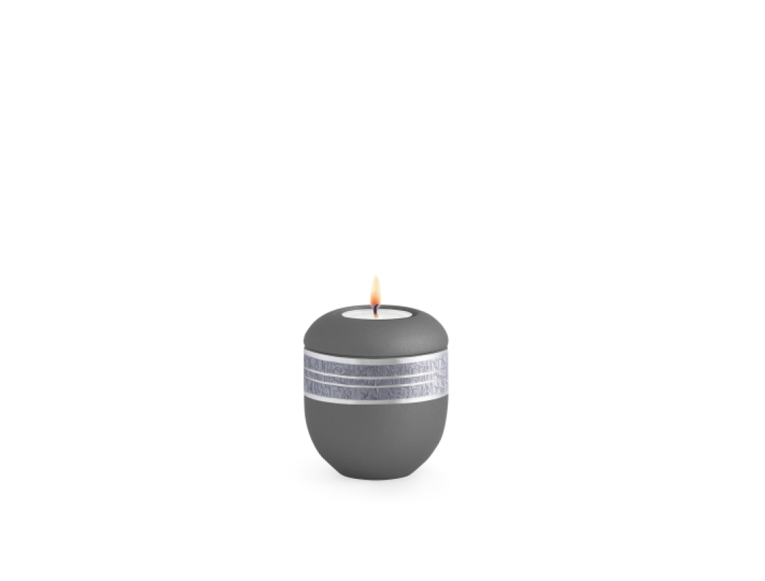 Edition Krypta, Samton Steingrau, grobes Strukturband grau mattsilber eingefasst, Gedenklicht Edition Krypta, Samton Steingrau, grobes Strukturband grau mattsilber eingefasst, Gedenklicht