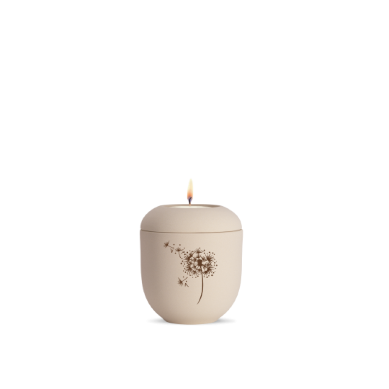 Gedenklicht aus der Edition Classique in creme mit Pusteblumen-Motiv, runde Form, aus mattem Material, mit brennender Kerze im oberen Bereich.