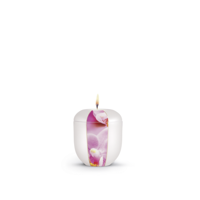 Gedenklicht aus der Edition Natura in Perlmuttfarbe mit einer Orchideen-Dekoration, runde Form und sichtbarem Lichtschein an der Oberseite.