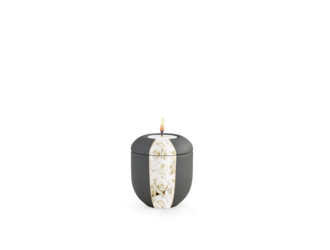Edition Natura, Samtton anthrazit, weiße Rosen, Gedenklicht Edition Natura, Samtton anthrazit, weiße Rosen, Gedenklicht