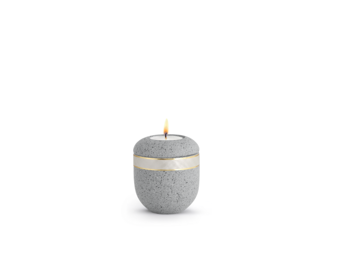 Gedenklicht Edition Rocka, Steinoptik, betongrau, zweifarbiges Band Perlmutt