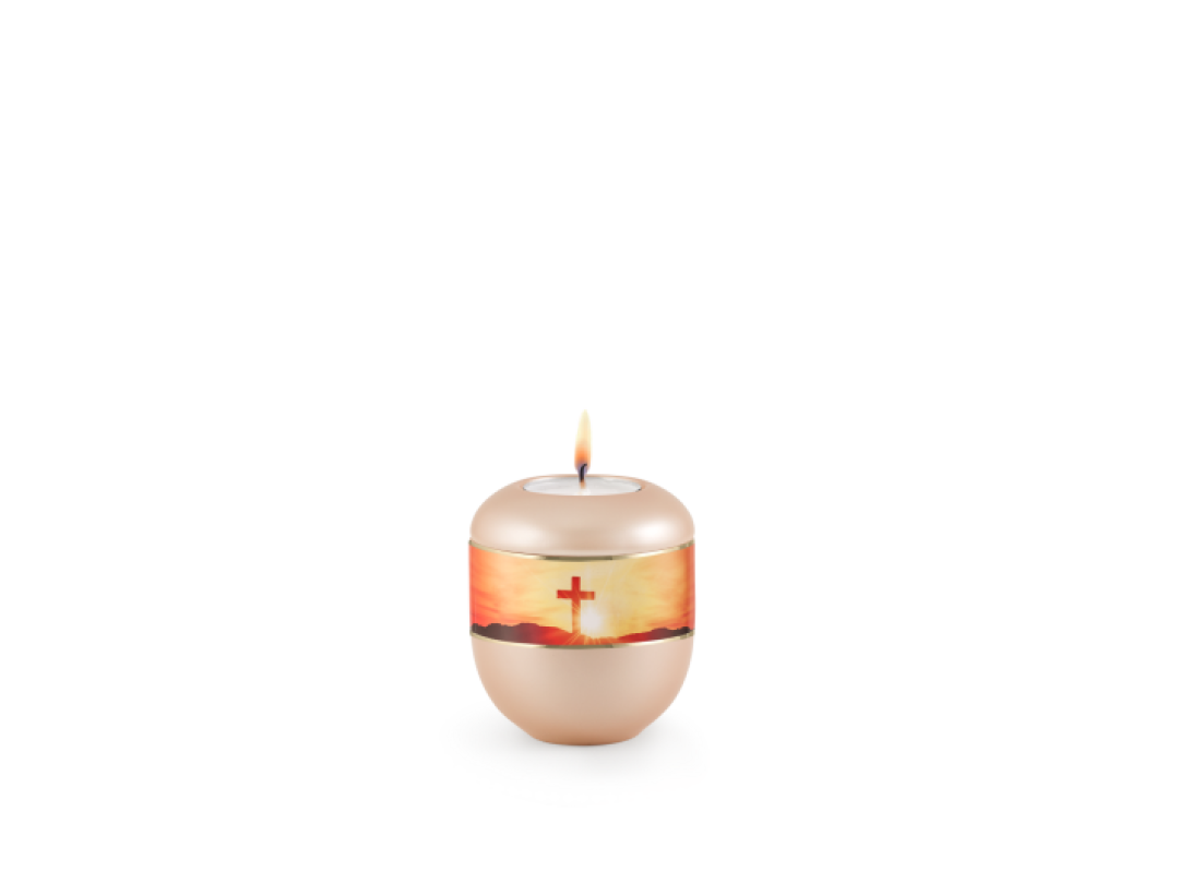 Edition 360°, perlmutt apricot - Gedenklicht, Kreuz im Sonnenuntergang