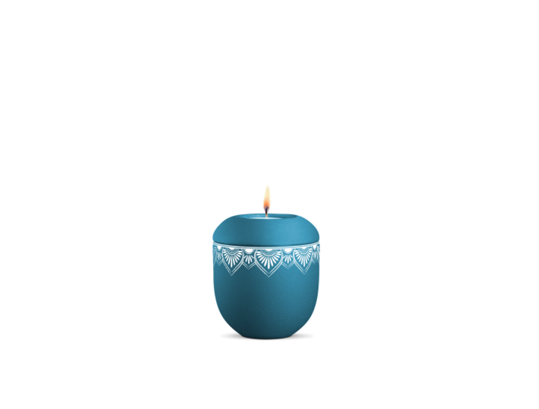 Gedenklicht, Infinity Mandala, velvet Arctic Türkis, Mandala auf dem Deckel und umlaufend