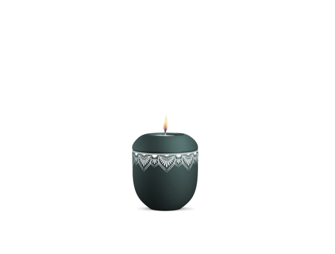 Gedenklicht, Infinity Mandala, velvet Petrol, Mandala auf dem Deckel und umlaufend