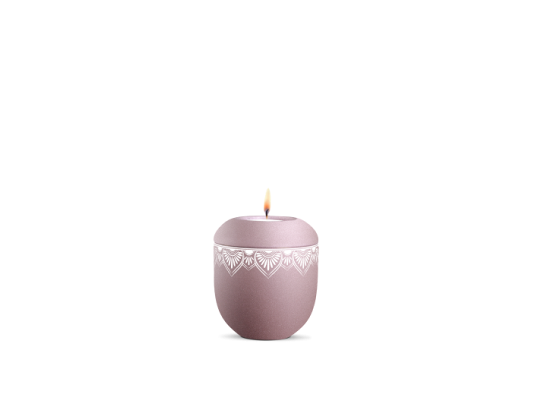 Gedenklicht, Infinity Mandala, velvet Rosé, Mandala auf dem Deckel und umlaufend Gedenklicht, Infinity Mandala, velvet Rosé, Mandala auf dem Deckel und umlaufend
