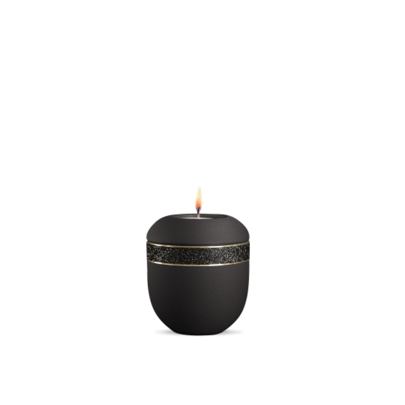 Gedenklicht in velvet Schwarz mit glitzerndem Dekor, runde Form, Gesamtansicht, brennende Flamme oben.