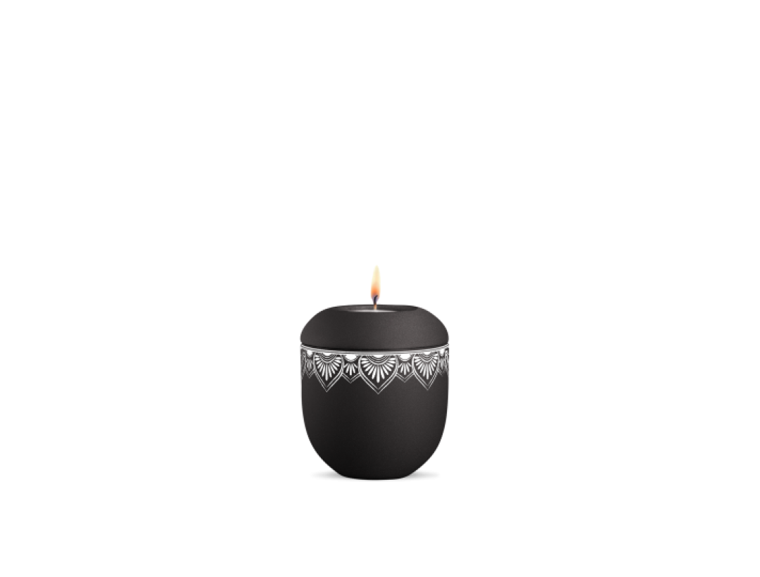 Gedenklicht, Infinity Mandala, velvet Schwarz, Mandala auf dem Deckel und umlaufend
