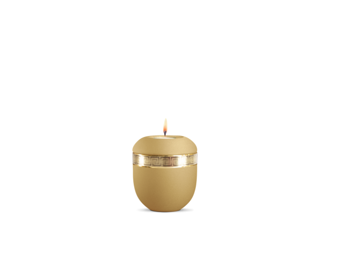 Gedenklicht, Infinity Livorno, velvet Goldocker, gebürstetes Golddekor Mäander