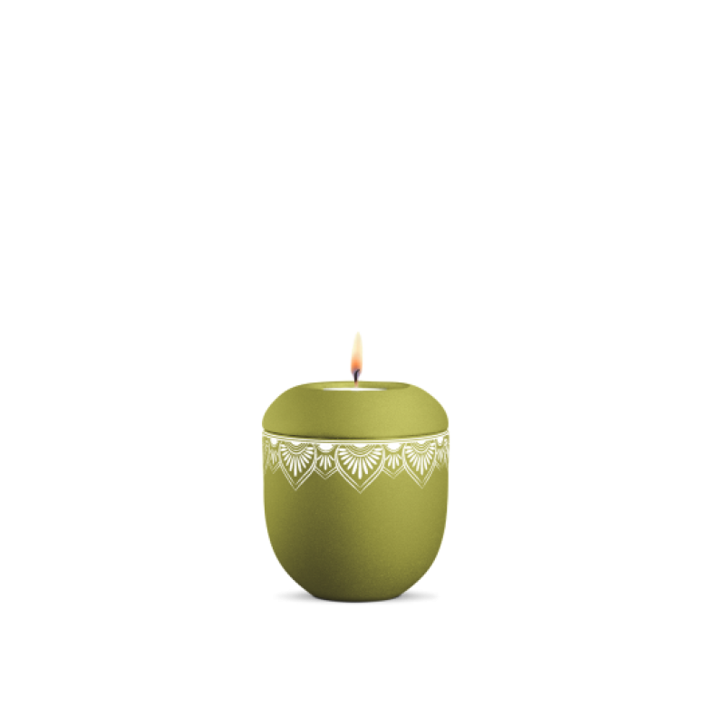 Gedenklicht, Infinity Mandala, velvet Peridot, Mandala auf dem Deckel und umlaufend
