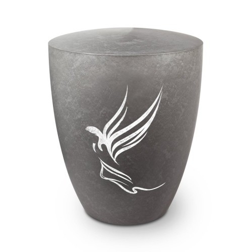 Die Genesis Gravur Engel in Silber ist eine graue Urne mit einer stilisierten Engelgravur in Silber und hat eine runde, leicht konische Form.