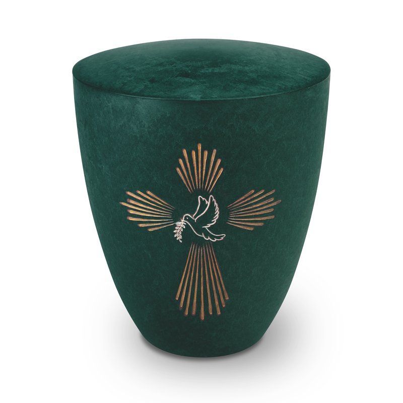 Die grüne Alento Urne hat eine konische Form, ist aus einem matten Material gefertigt und zeigt eine goldene Gravur eines Kreuzes mit einer Taube in der Mitte.