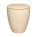 Eine ovale, beige Urne aus Vogelaugenahorn mit glatter Oberfläche und einem abnehmbaren Deckel, Gesamtansicht ohne weitere Dekoration.