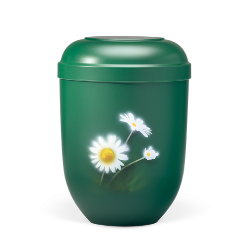 Naturstoffurne in Kieferngrün mit einem Airbrush-Motiv von Margeriten, ovaler Form und glänzender Oberfläche, Gesamtansicht.