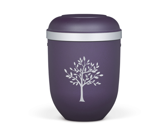 Naturstoffurne, Violett Velours, Silberrand, Moderner Baum Silber