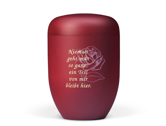 Naturstoffurne, Weinrot Velours, Airbrush Rosenblüte, Trauertext Nr. 4