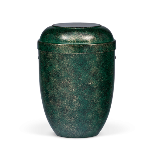 Stahlurne in Grün mit patinierter Bronze-Optik, ovaler Form und glänzender Oberfläche, Gesamtansicht ohne Dekoration.