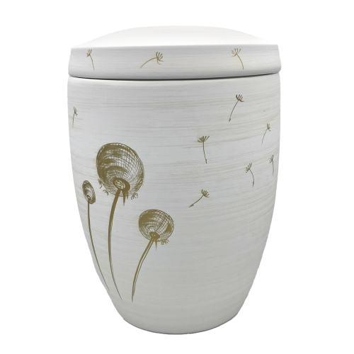 Alto Urne in weißer Farbe mit einem Deckel, verziert mit goldenen Pusteblumen-Motiven, runde Form, Gesamtansicht.