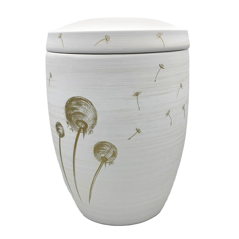 Alto Urne in weißer Farbe mit einem Deckel, verziert mit goldenen Pusteblumen-Motiven, runde Form, Gesamtansicht.