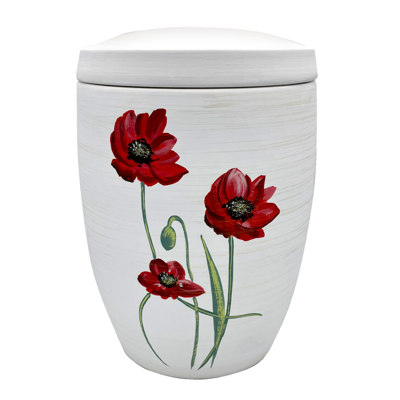 Alto Urne in ovaler Form aus hellem Material mit weißer Oberfläche und roten Mohnblumen-Motiv, Gesamtansicht mit abnehmbarem Deckel.