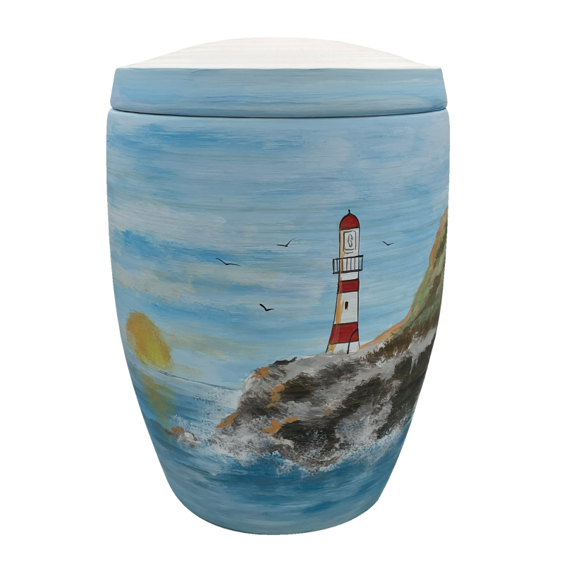 Alto Urne in zylindrischer Form, mit einer handgemalten Darstellung eines Leuchtturms, blauer Hintergrund und weißem Deckel.