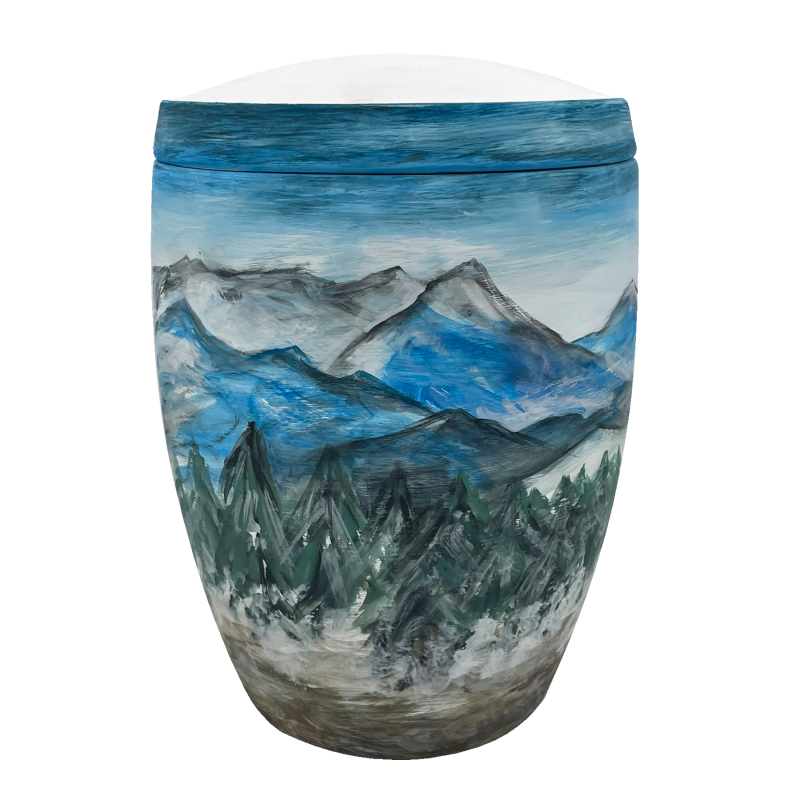 Alto Urne "Bergblick" in zylindrischer Form mit handgemaltem Berg- und Waldmotiv in Blau- und Grüntönen auf einer matten Oberfläche.