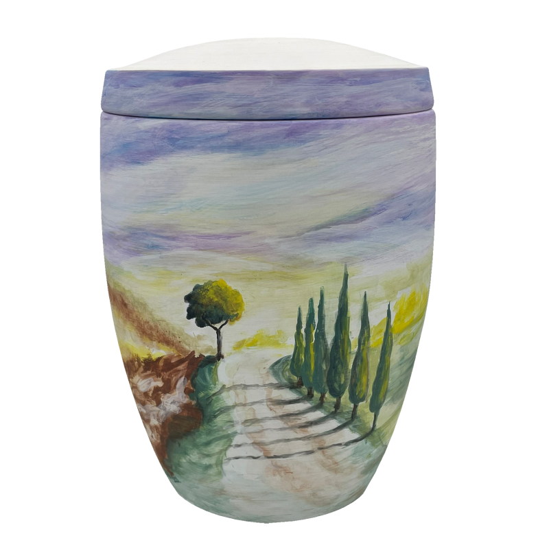 Alto Urne in Form eines zylindrischen Behälters mit handgemaltem Landschaftsdesign in sanften Farben, zeigt Zypressen und einen Baum auf einem Weg.