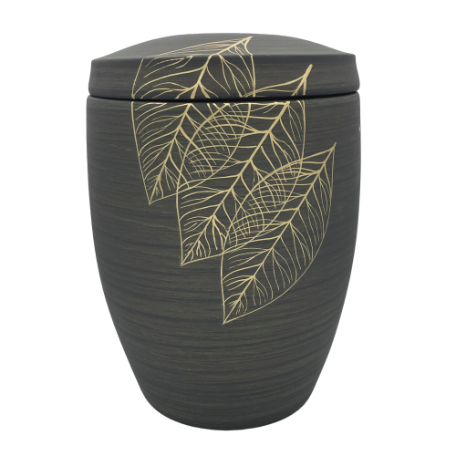 Alto Urne in grauem Material mit goldenen Blattmotiven, runde Form und abnehmbaren Deckel, Gesamtansicht des Produkts.
