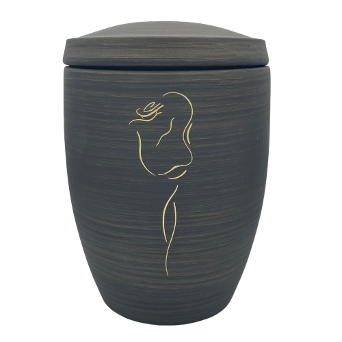 Die Alto Urne in dunklem Grau hat eine runde Form, einen abnehmbaren Deckel und zeigt eine goldene Rose als dekoratives Element.