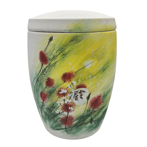 Die Alto Urne ist oval, aus hellem Material gefertigt und zeigt eine farbenfrohe Blumenwiese mit roten und weißen Blumen auf gelbem Hintergrund.