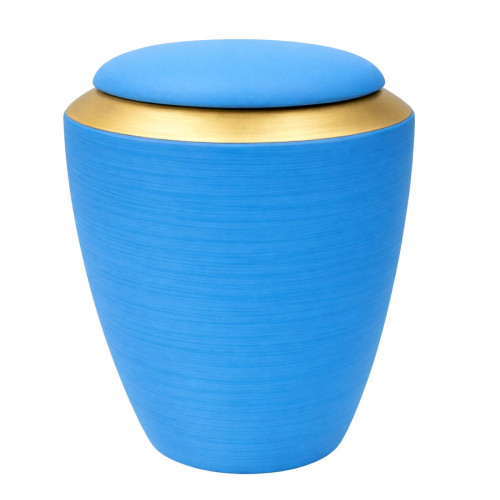 Alto Urne in hellblau mit goldfarbener Deckeloberfläche, zylindrische Form und matte Textur, Gesamtansicht des Produkts.