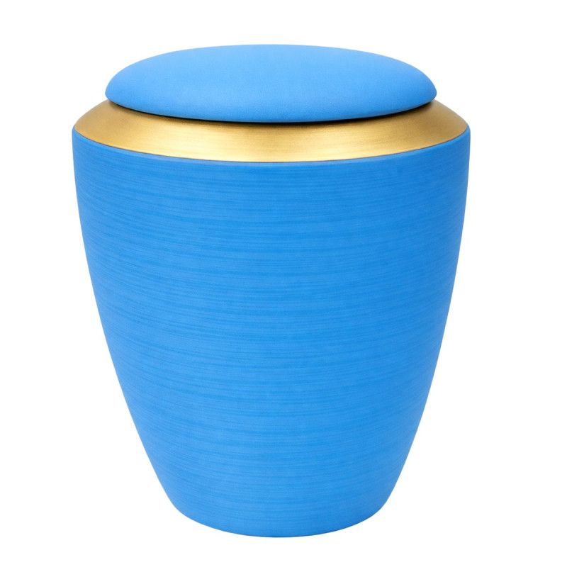 Alto Urne in hellblau mit goldfarbener Deckeloberfläche, zylindrische Form und matte Textur, Gesamtansicht des Produkts.