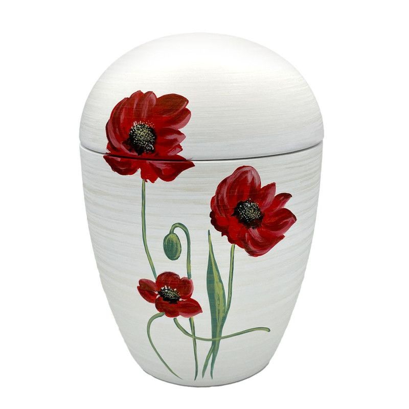 Die Alto Urne in Form eines Eies ist weiß mit einer matten Oberfläche und zeigt rote Mohnblumen mit grünen Stängeln auf der Vorderseite.