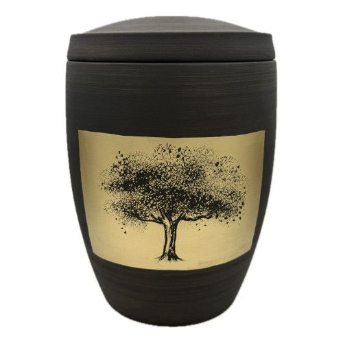 Die schwarze Urne aus Keramik hat einen goldenen Aufdruck eines Baumes auf der Vorderseite und eine runde Form mit einem passenden Deckel.