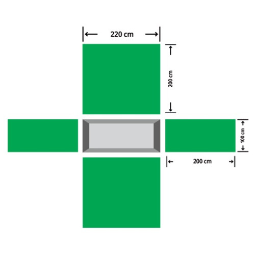 Die Grabmatte Typ „K“ ist in einem einheitlichen grünen Farbton gehalten und hat eine rechteckige Form mit den Maßen 220 cm x 200 cm und einer mittigen grauen Fläche von 100 cm.