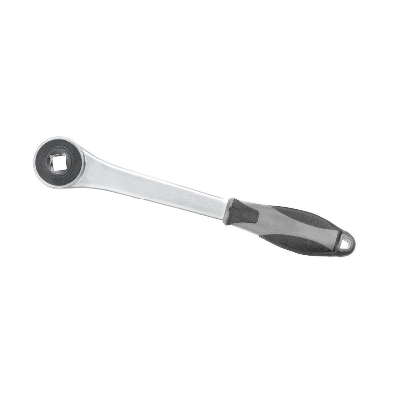 Die Ratsche mit Innenvierkant aus der Hessen-Serie hat einen glänzenden Metallkörper und einen ergonomischen, schwarzen Gummigriff für besseren Halt.