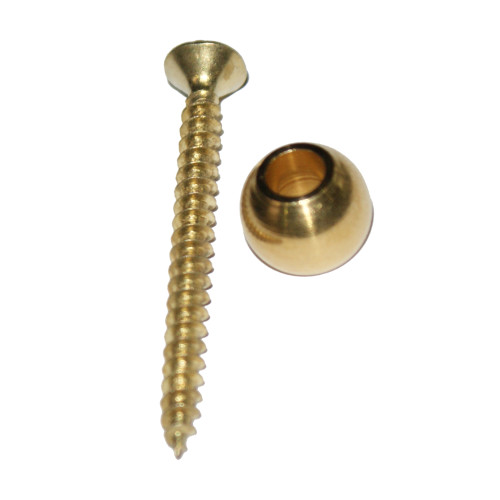 Goldfarbene Oliven mit Schraube aus Metall, die eine runde Form und eine glatte Oberfläche aufweisen; Gesamtansicht der beiden Teile nebeneinander.
