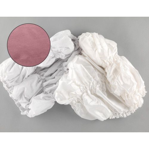 Die Bespannung aus Baumwolle in rosé und weiß zeigt eine weiche, geraffte Textur und ist in einer Gesamtansicht mit einem Detailausschnitt des rosé Farbtons abgebildet.