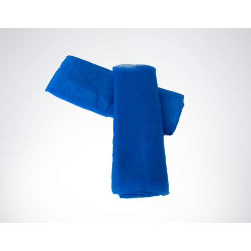 Zwei übereinanderliegende Stücke blauer Organza-Dekostoffe in transparenter, leicht glänzender Optik, Gesamtansicht.