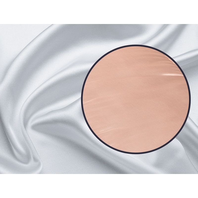 Das Produktfoto zeigt ein Laken aus Glanzseide in lachsfarbener Nuance, mit einer Detailansicht des glänzenden, glatten Materials.