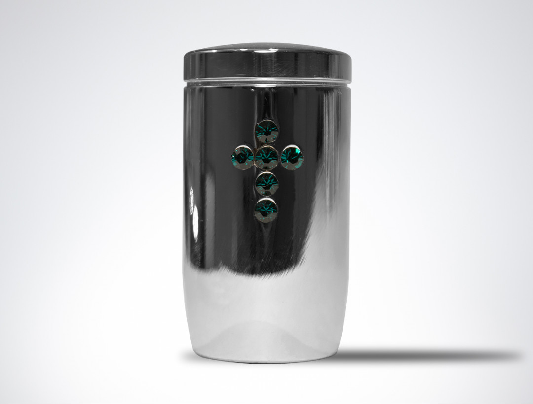 Miniurne aus Edelstahl poliert - Kreuz grün aus hochwertigen Kristallen