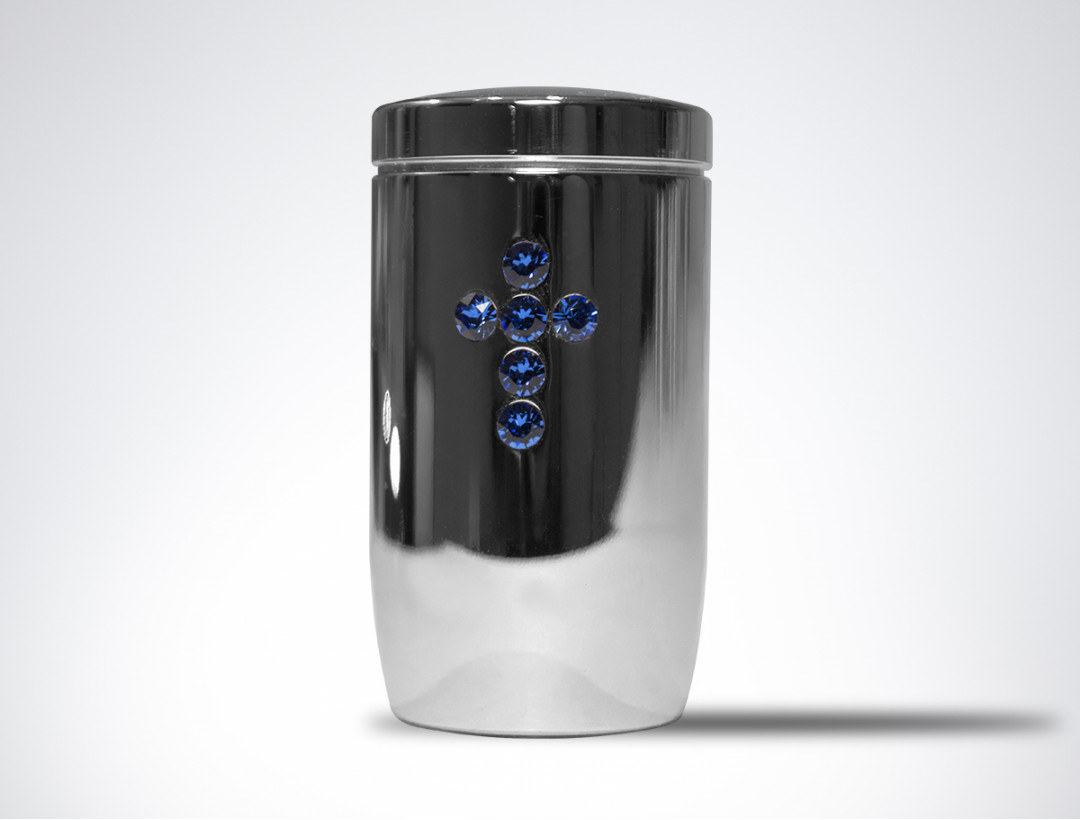 Miniurne aus Edelstahl poliert - Kreuz Glaskristall blau